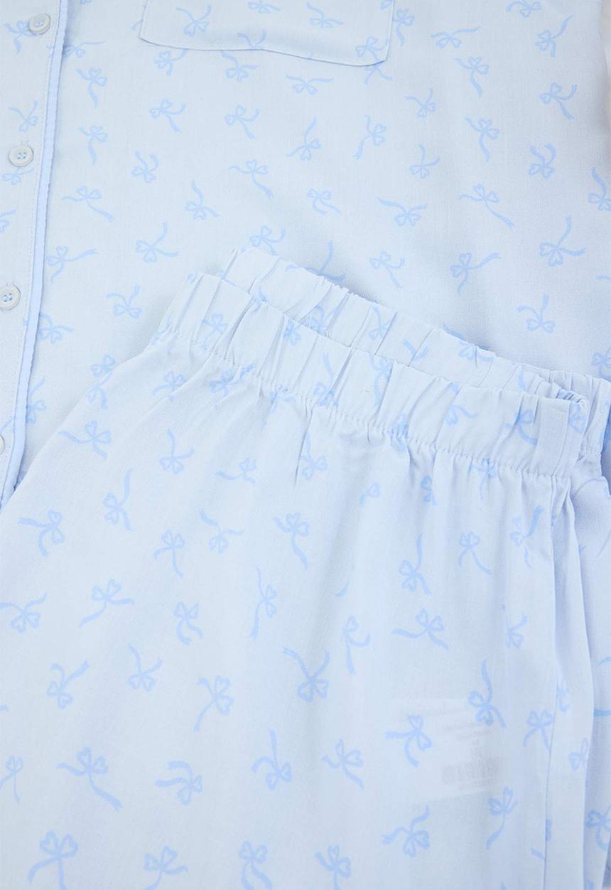 Trendyol - Plus piping ribbon patterned short pajama set - blue