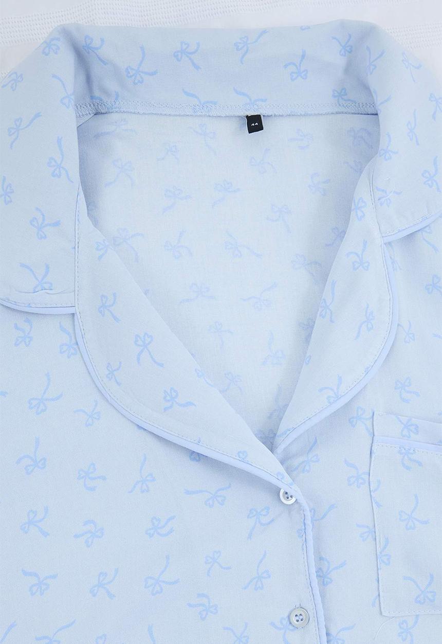 Trendyol - Plus piping ribbon patterned short pajama set - blue