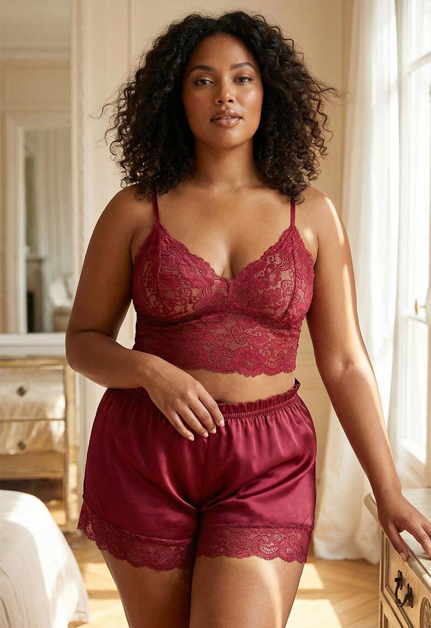 Trendyol - Plus satin 3-piece downy set - burgundy