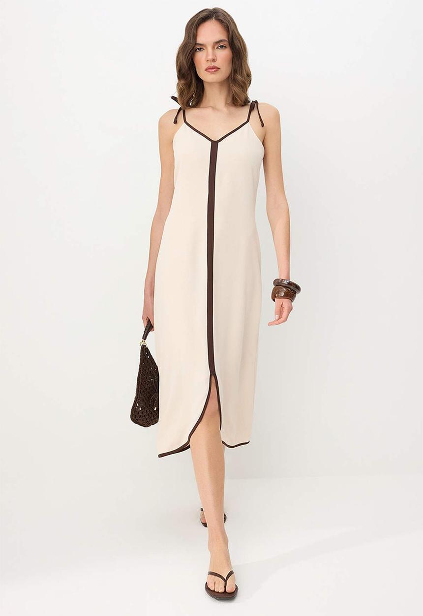 Trendyol - Contrast Piping Detail Slit Midi Dress - Ecru