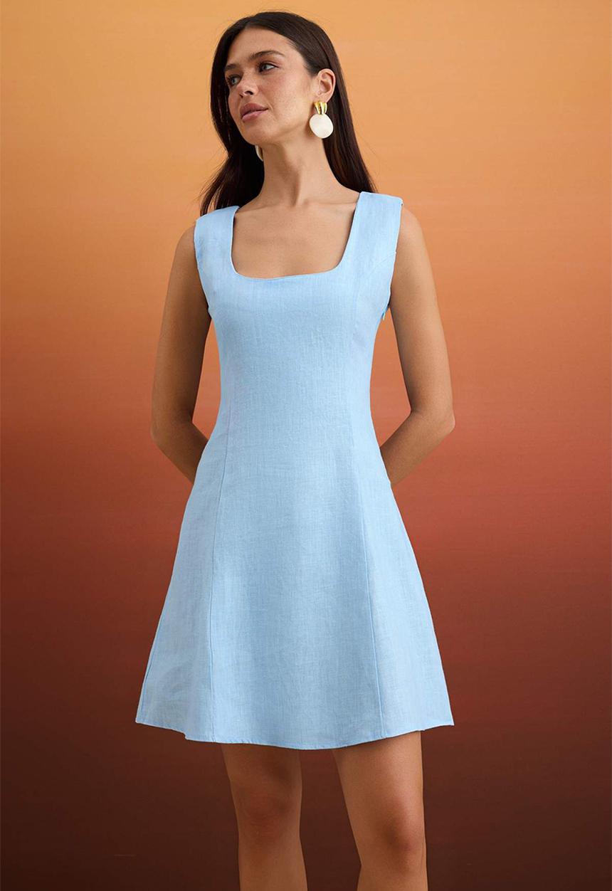 Trendyol - Linen Back-Tie Mini Dress - Light Blue