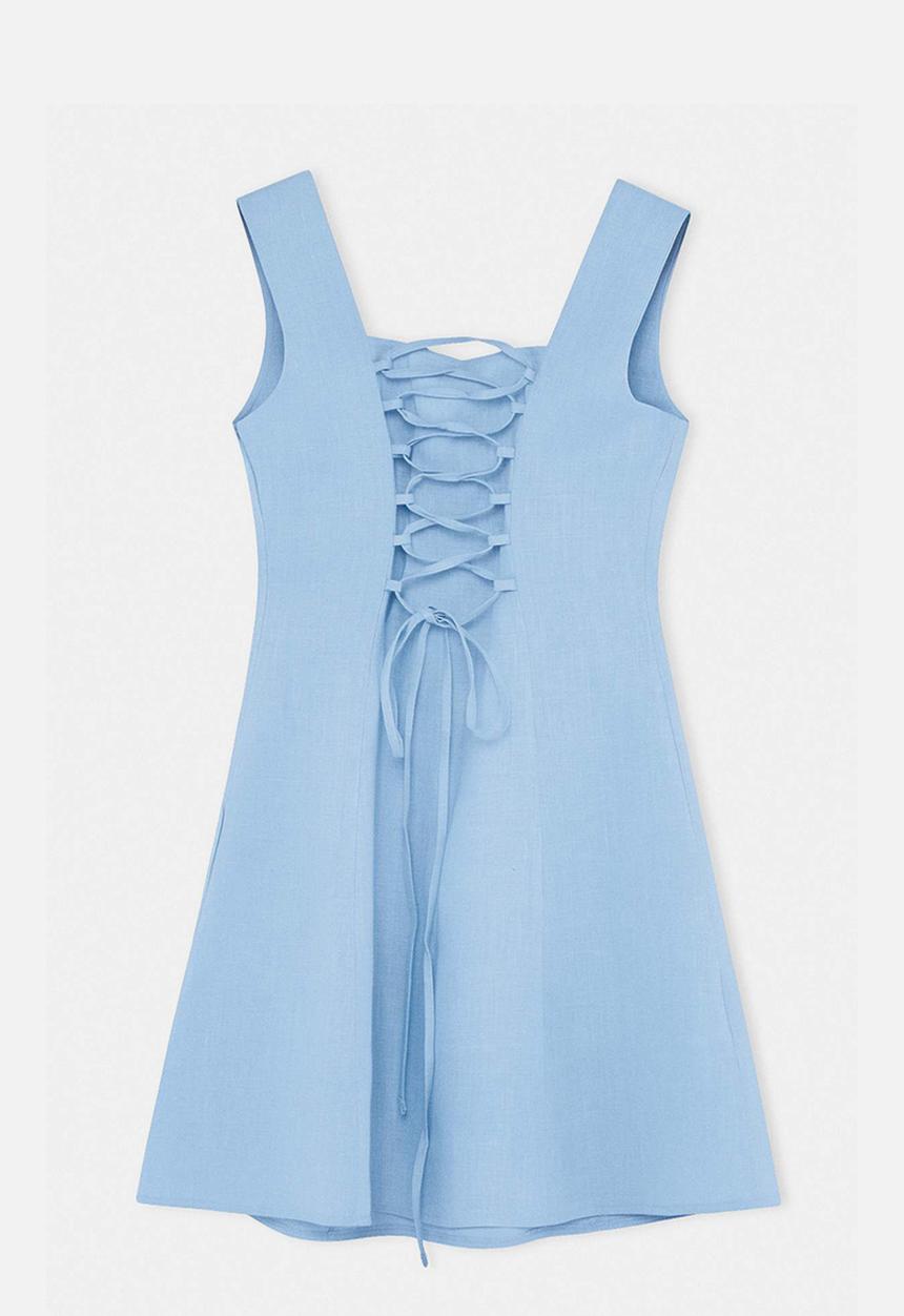 Trendyol - Linen Back-Tie Mini Dress - Light Blue
