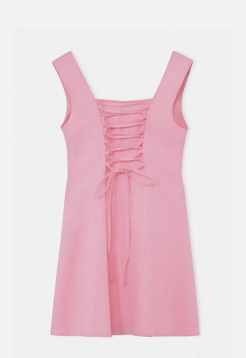 Trendyol - Linen Back-Tie Mini Dress - Pink