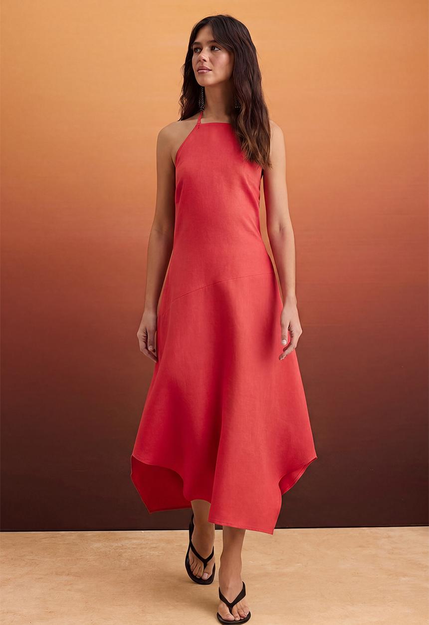 Trendyol - Asymmetric Linen Halter Neck Midi Dress - Pomegranate Blossom
