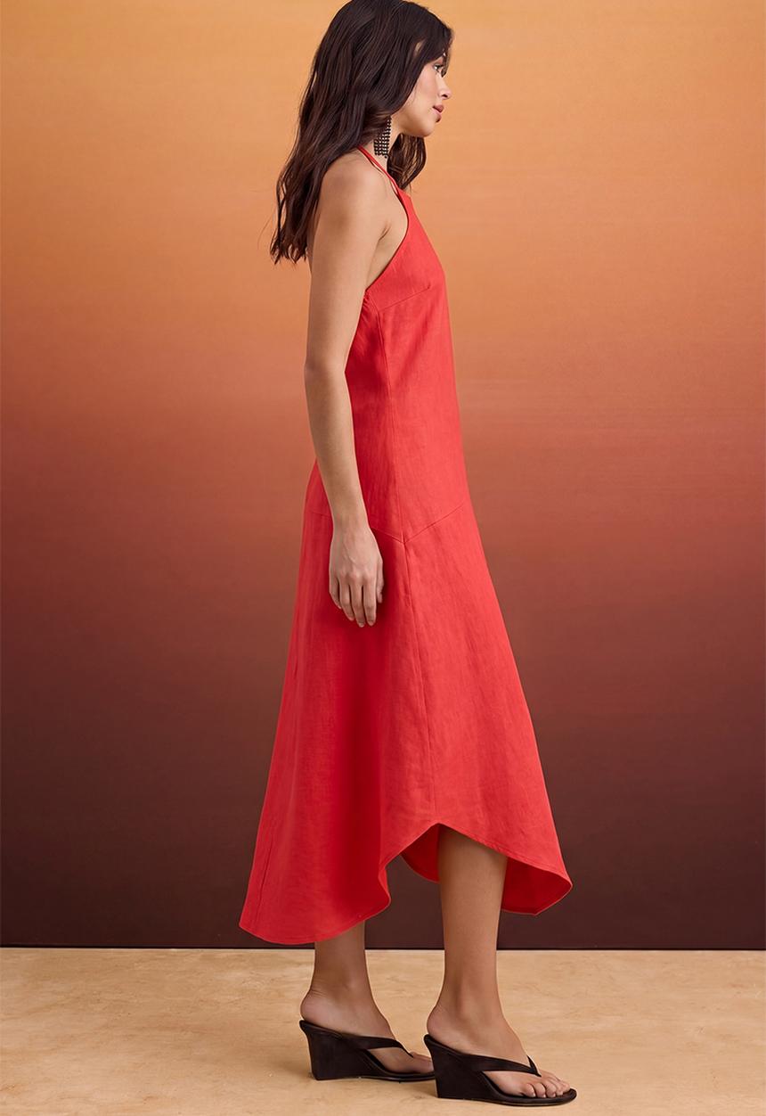 Trendyol - Asymmetric Linen Halter Neck Midi Dress - Pomegranate Blossom
