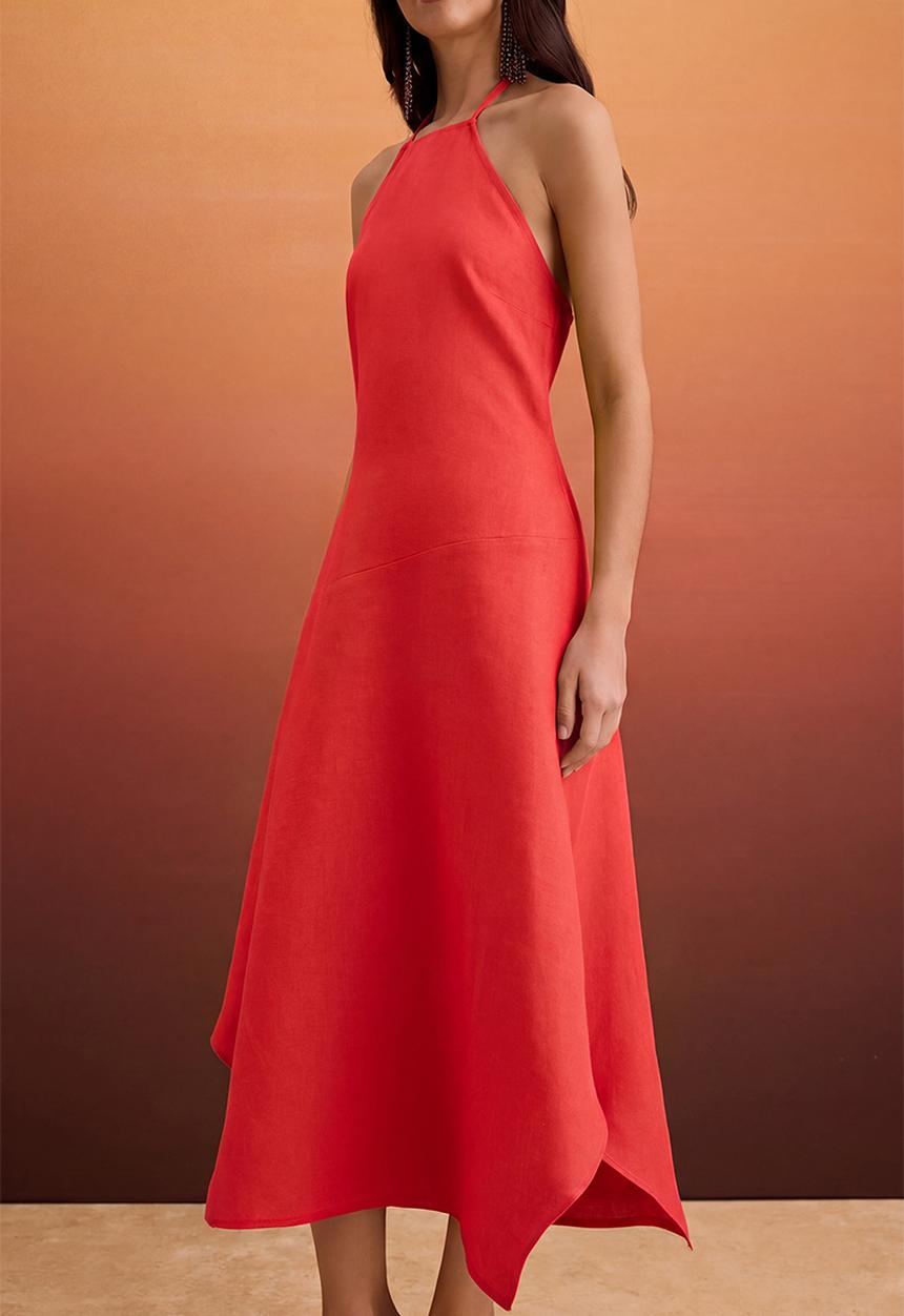 Trendyol - Asymmetric Linen Halter Neck Midi Dress - Pomegranate Blossom
