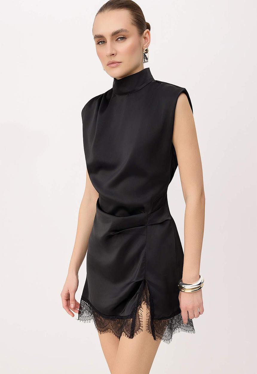 Trendyol - Satin Lace Detail Mini Dress - Black