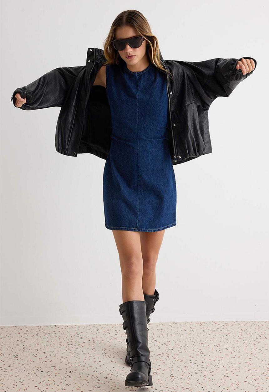 Trendyol - Low-Stretch Waist Detail Mini Denim Dress - Dark Blue