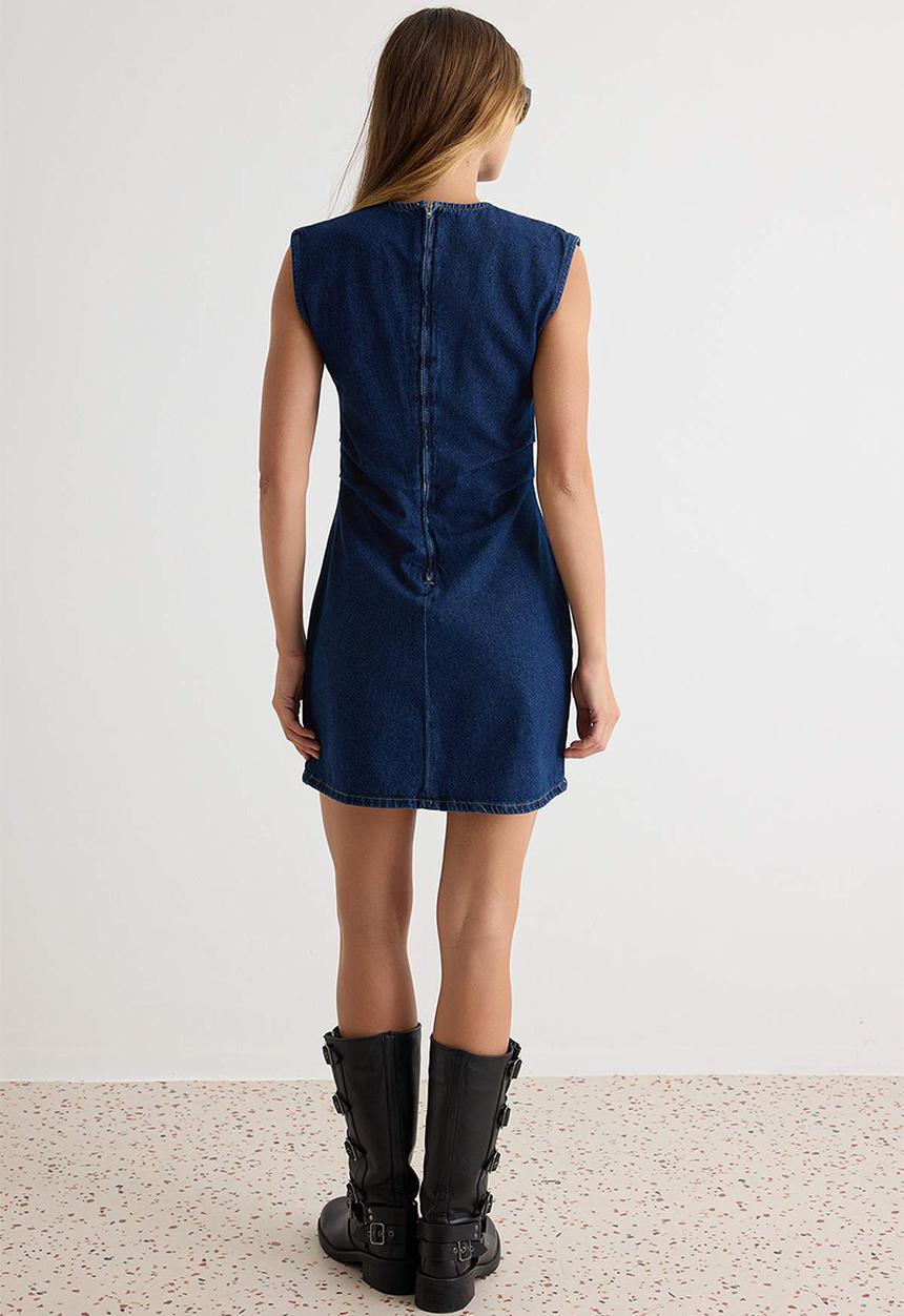 Trendyol - Low-Stretch Waist Detail Mini Denim Dress - Dark Blue