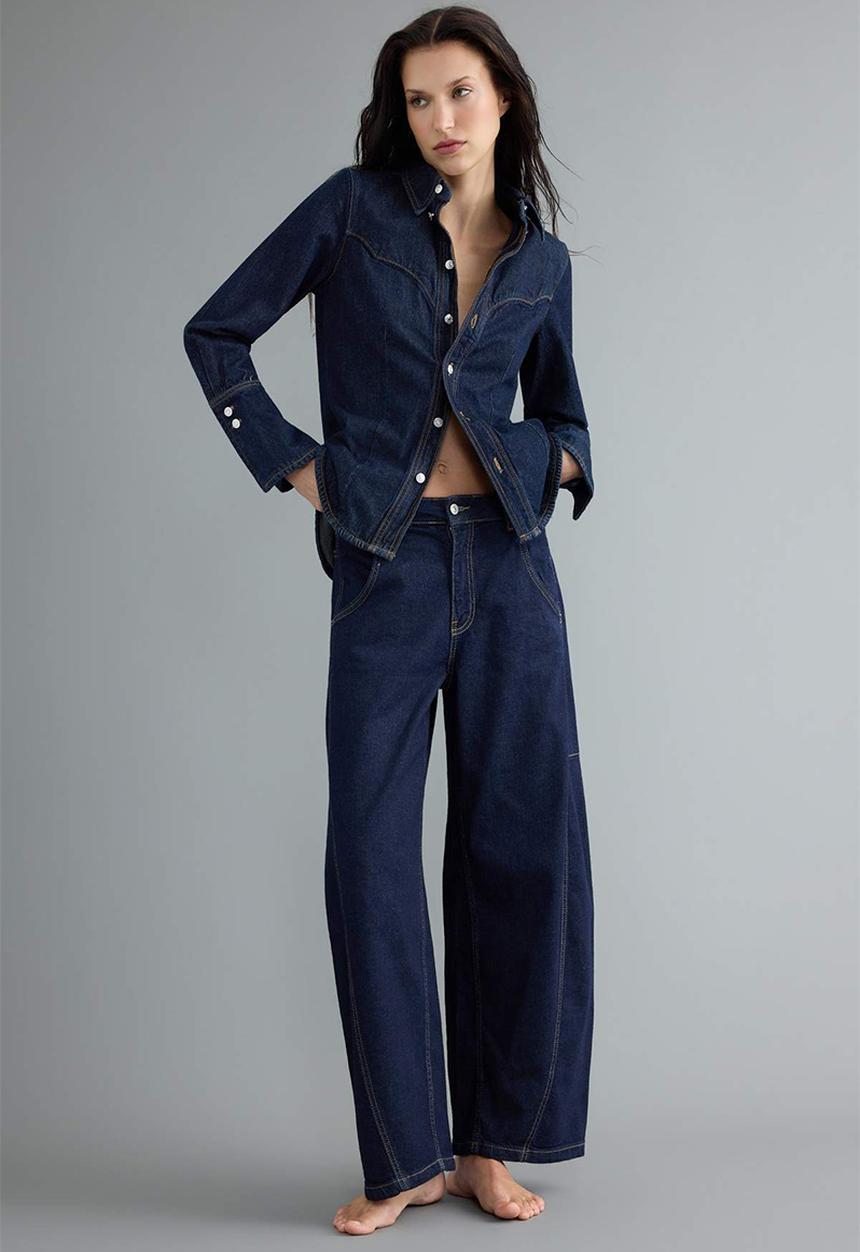 Trendyol - Stitched Detail High-Waist Baggy Jeans - Dark Blue