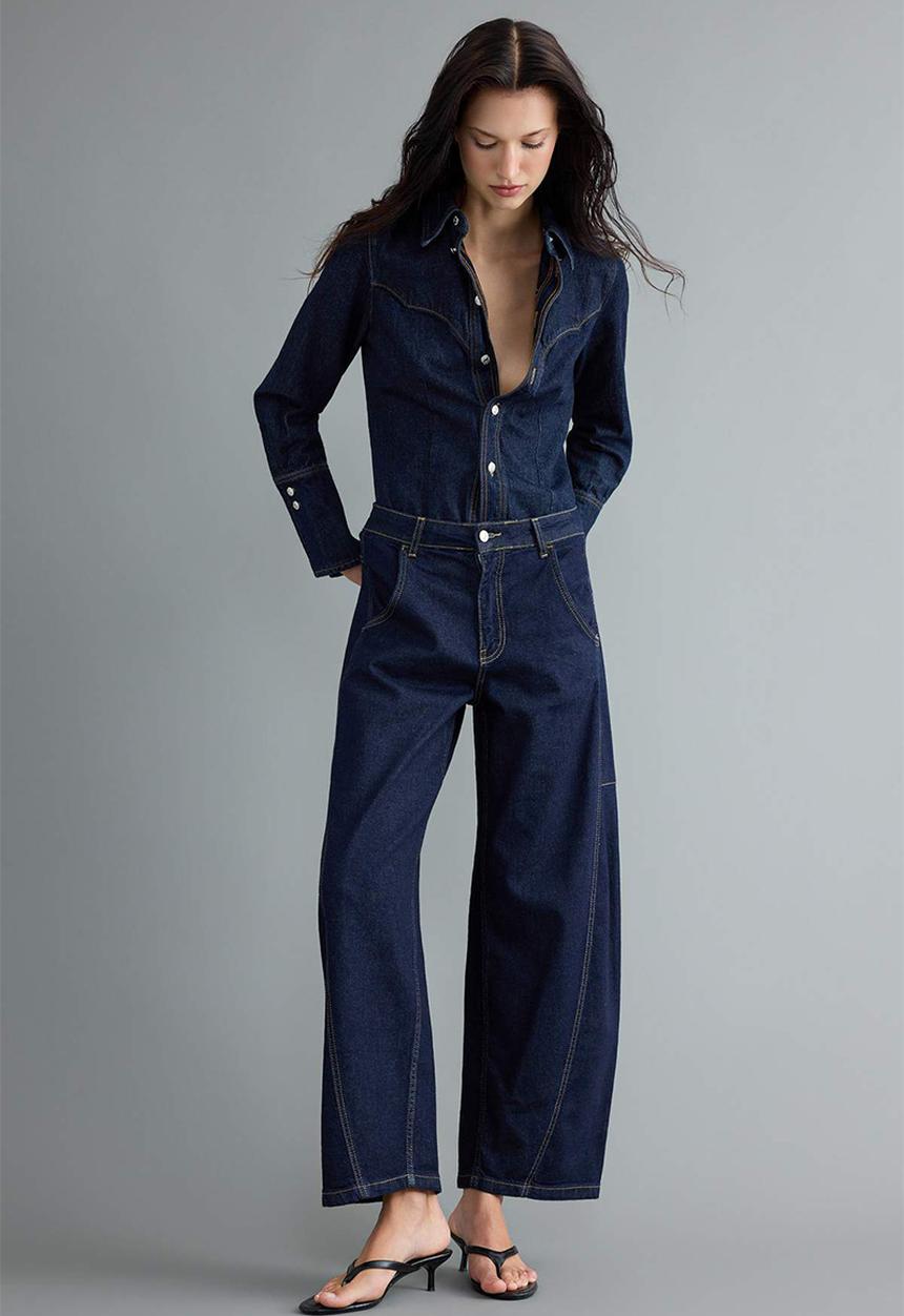 Trendyol - Stitched Detail High-Waist Baggy Jeans - Dark Blue