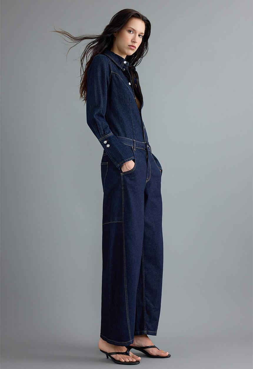 Trendyol - Stitched Detail High-Waist Baggy Jeans - Dark Blue