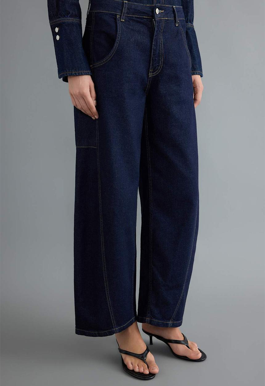 Trendyol - Stitched Detail High-Waist Baggy Jeans - Dark Blue