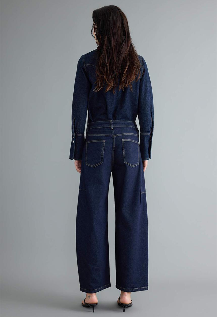 Trendyol - Stitched Detail High-Waist Baggy Jeans - Dark Blue