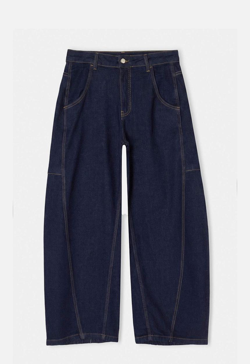 Trendyol - Stitched Detail High-Waist Baggy Jeans - Dark Blue