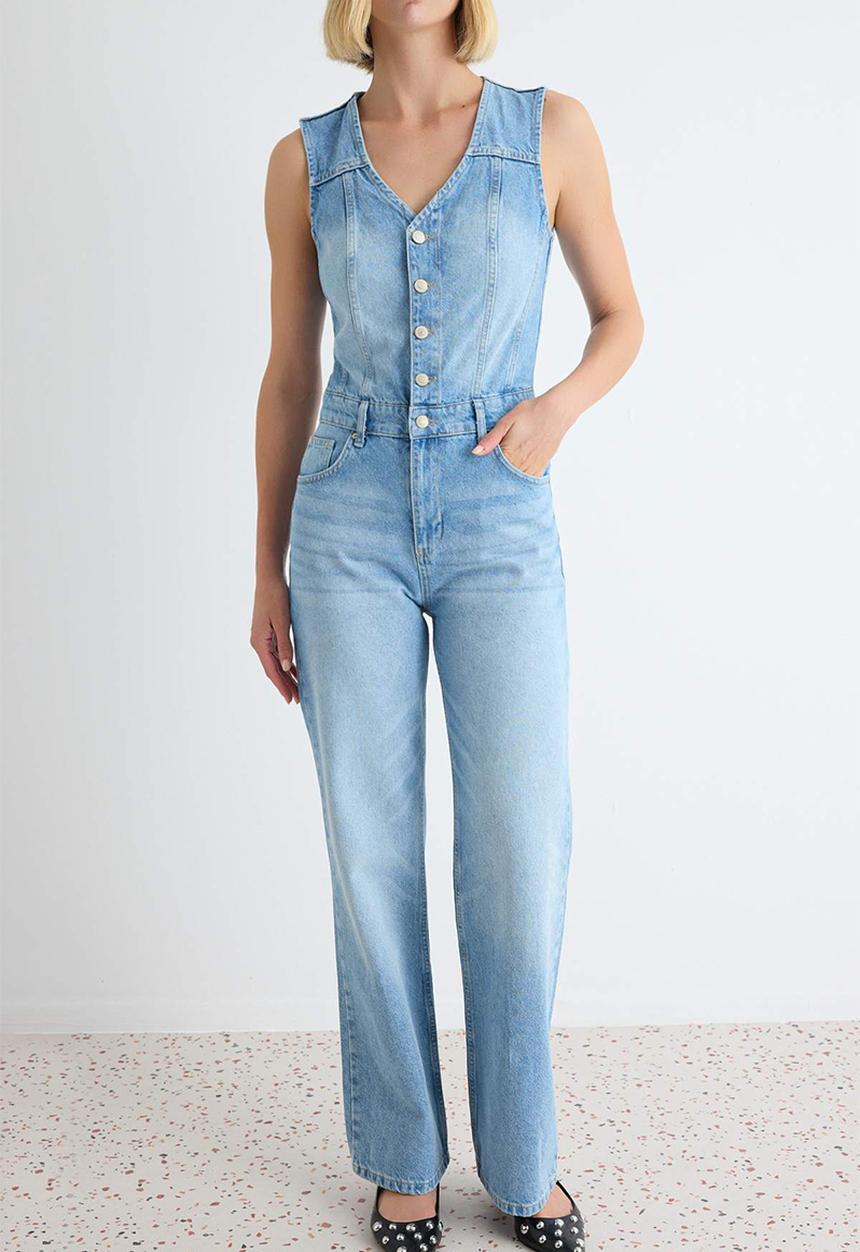 Trendyol - Cotton Denim Jumpsuit - Blue