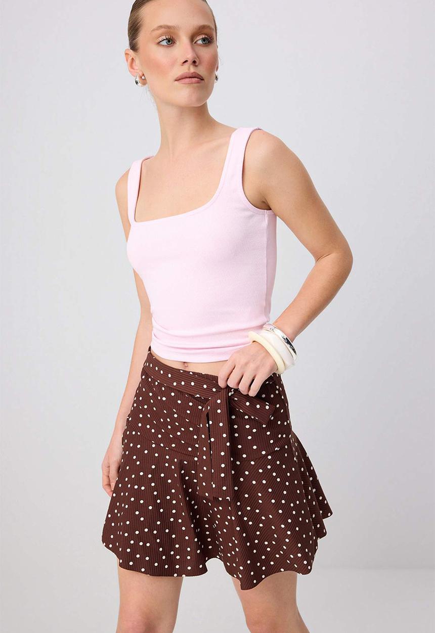 Trendyol - Polka Dot High-Waist Skirt-Look Knit Shorts - Dark Brown