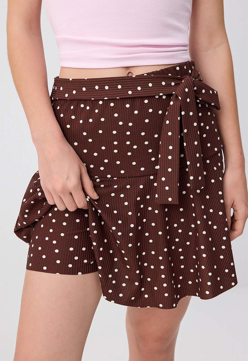 Trendyol - Polka Dot High-Waist Skirt-Look Knit Shorts - Dark Brown