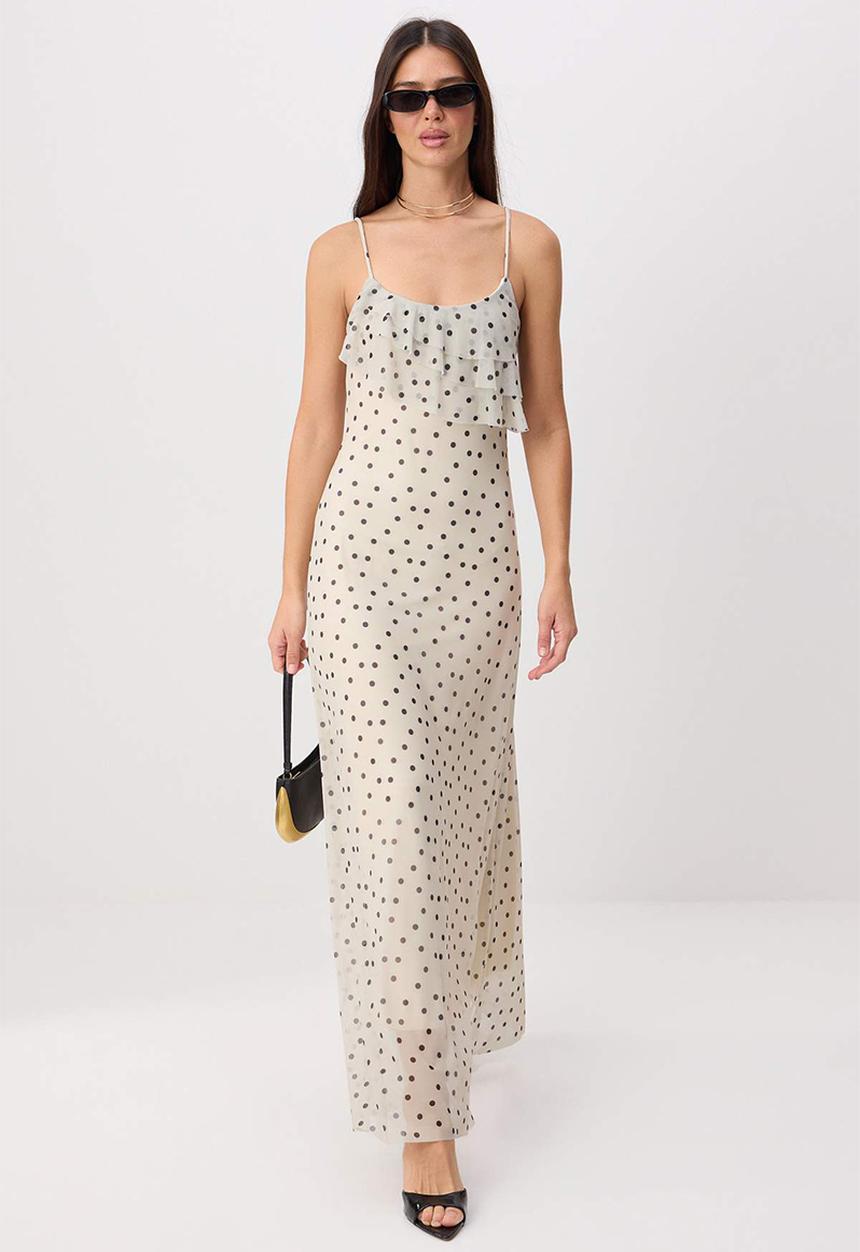 Trendyol - Polka Dot Ruffle Maxi Knit Dress - Ecru