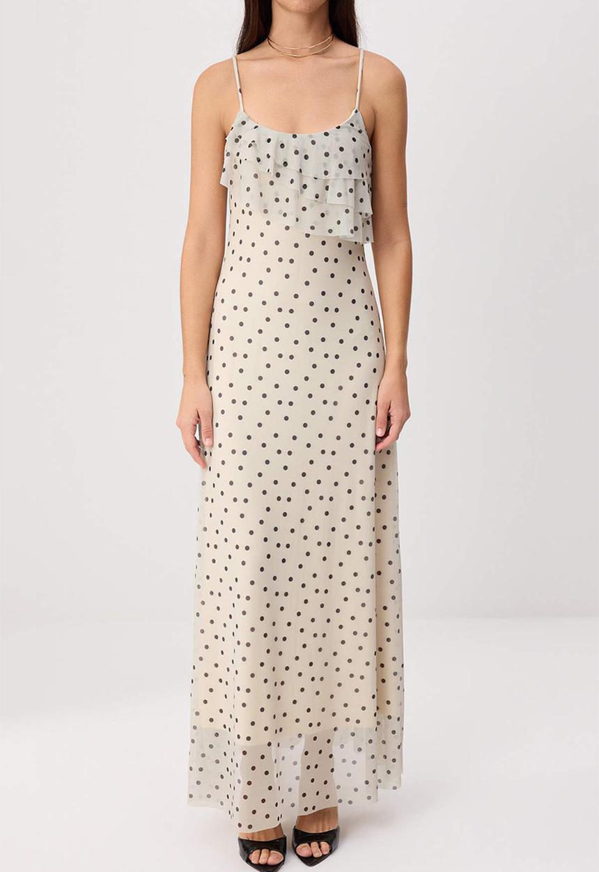 Trendyol - Polka Dot Ruffle Maxi Knit Dress - Ecru