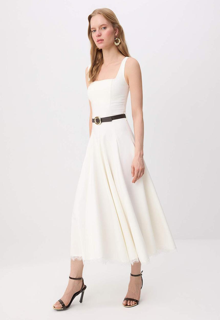 Trendyol - Lace Belted Skater Midi Dress - White