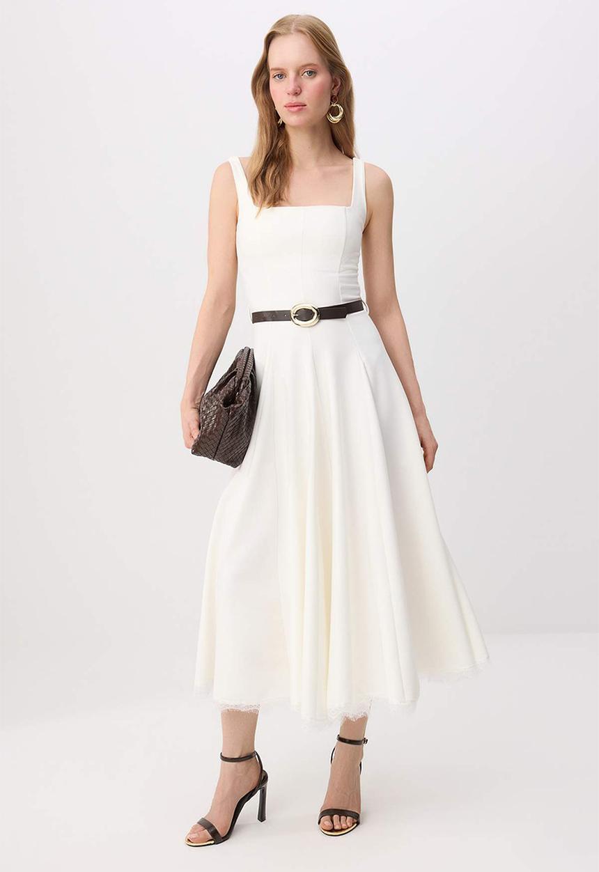 Trendyol - Lace Belted Skater Midi Dress - White