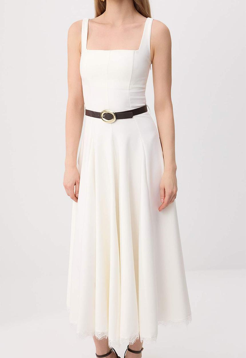 Trendyol - Lace Belted Skater Midi Dress - White