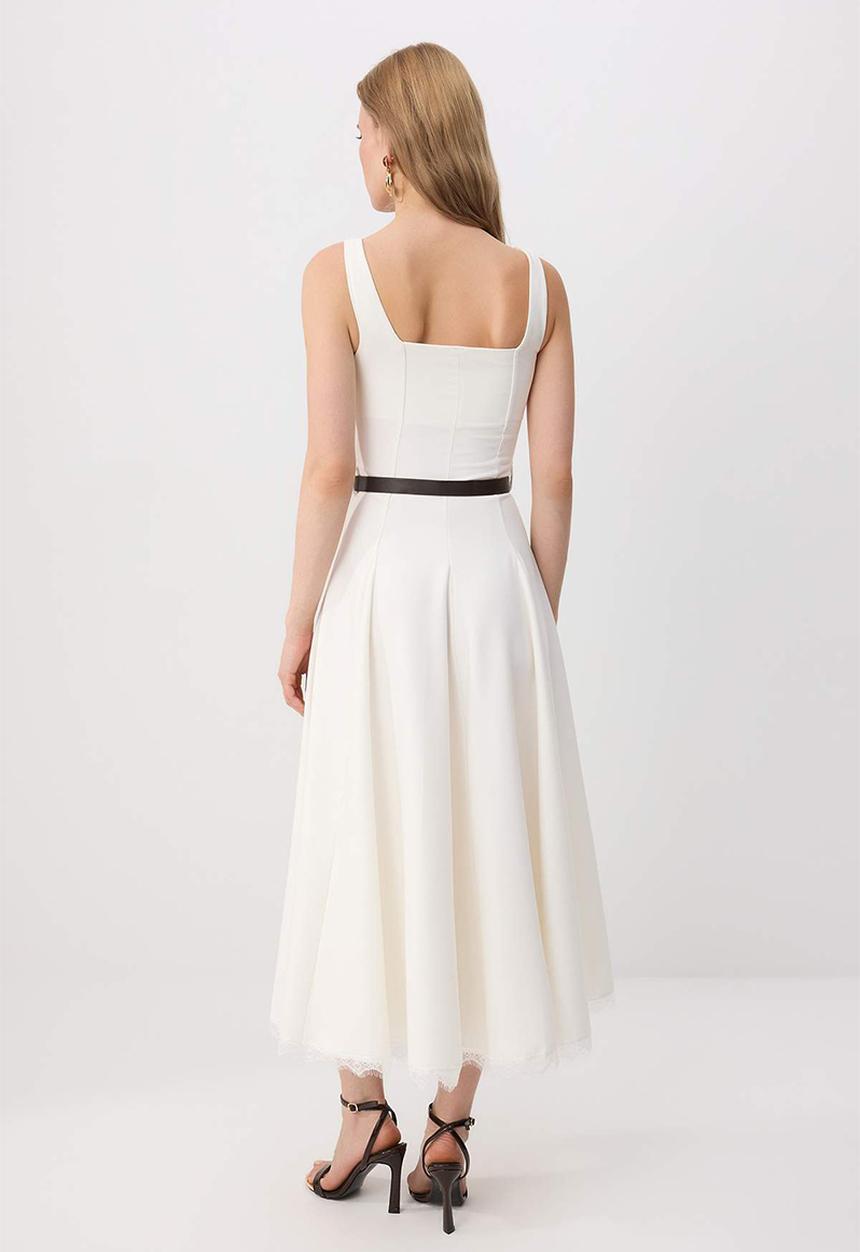 Trendyol - Lace Belted Skater Midi Dress - White