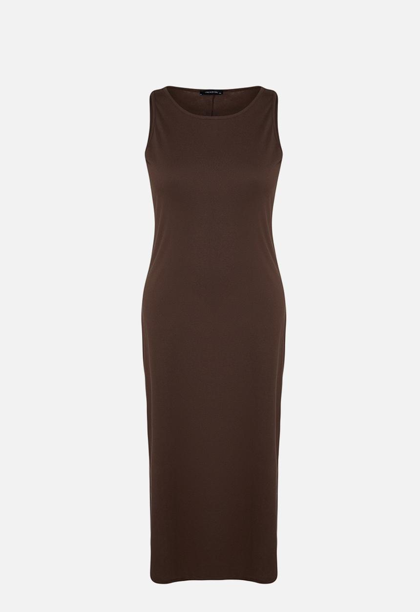 Trendyol - Plus cotton maxi dress crew neck and slit - dark brown