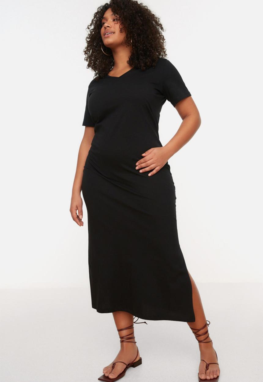 Trendyol - Plus v-neck slit cotton knitted dress - black