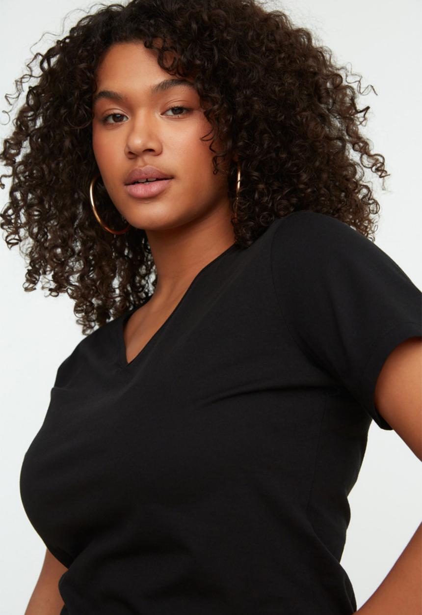 Trendyol - Plus v-neck slit cotton knitted dress - black