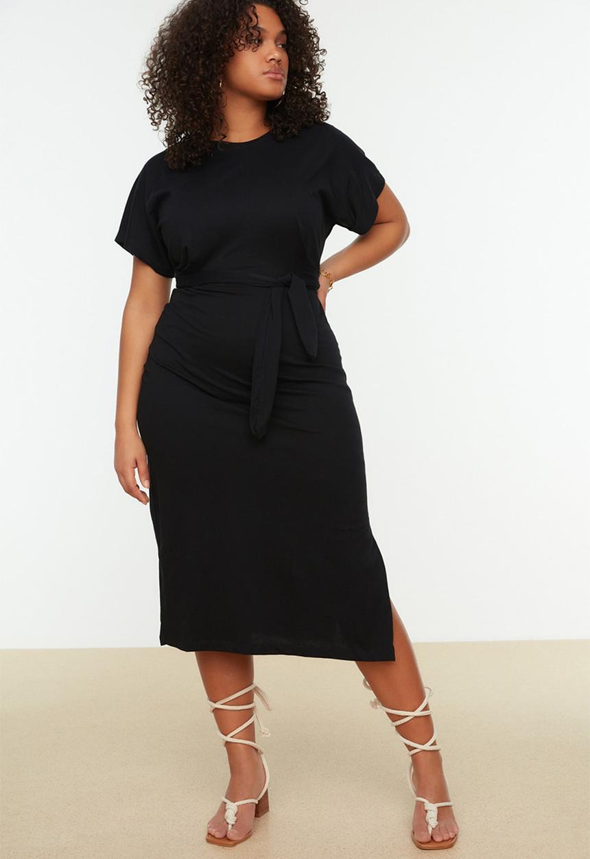Trendyol - Plus straight cut tie detail slit cotton midi dress - black