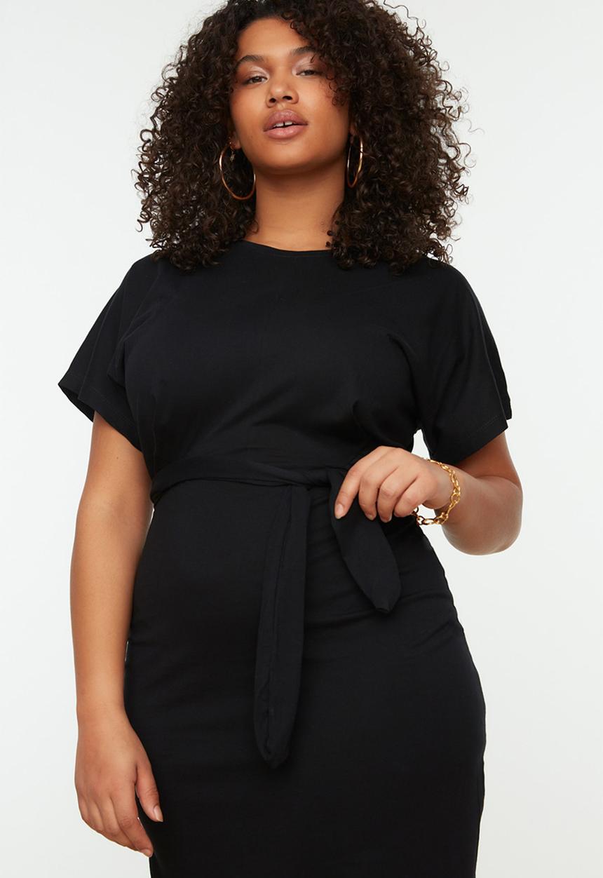 Trendyol - Plus straight cut tie detail slit cotton midi dress - black