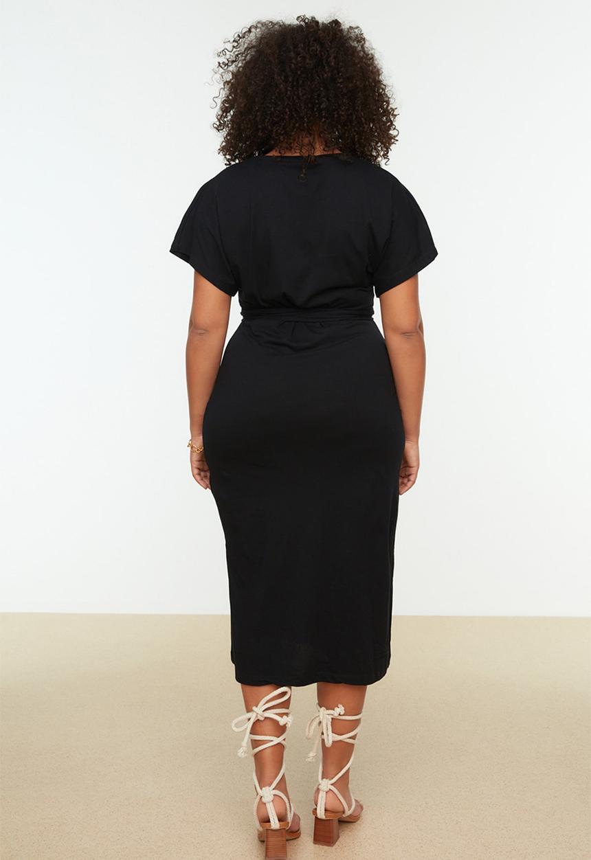 Trendyol - Plus straight cut tie detail slit cotton midi dress - black