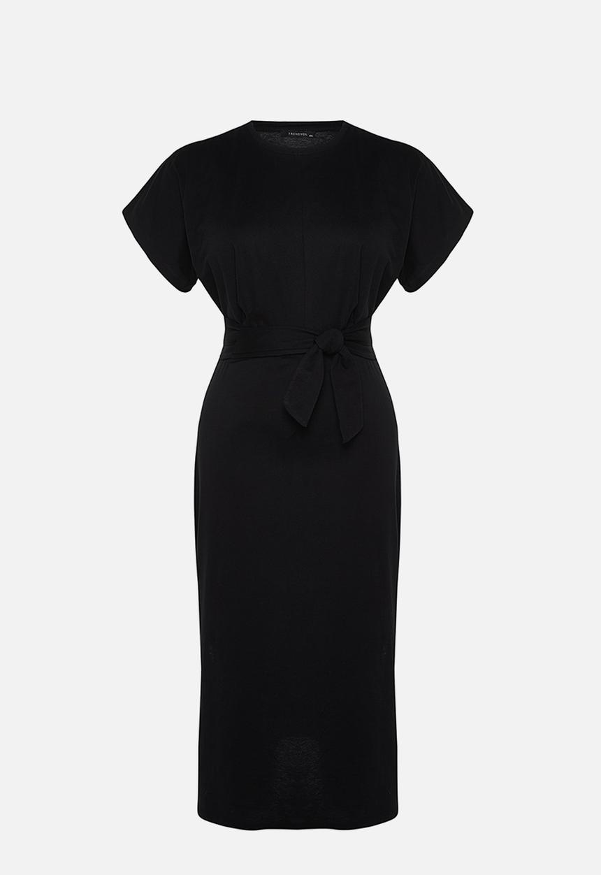 Trendyol - Plus straight cut tie detail slit cotton midi dress - black