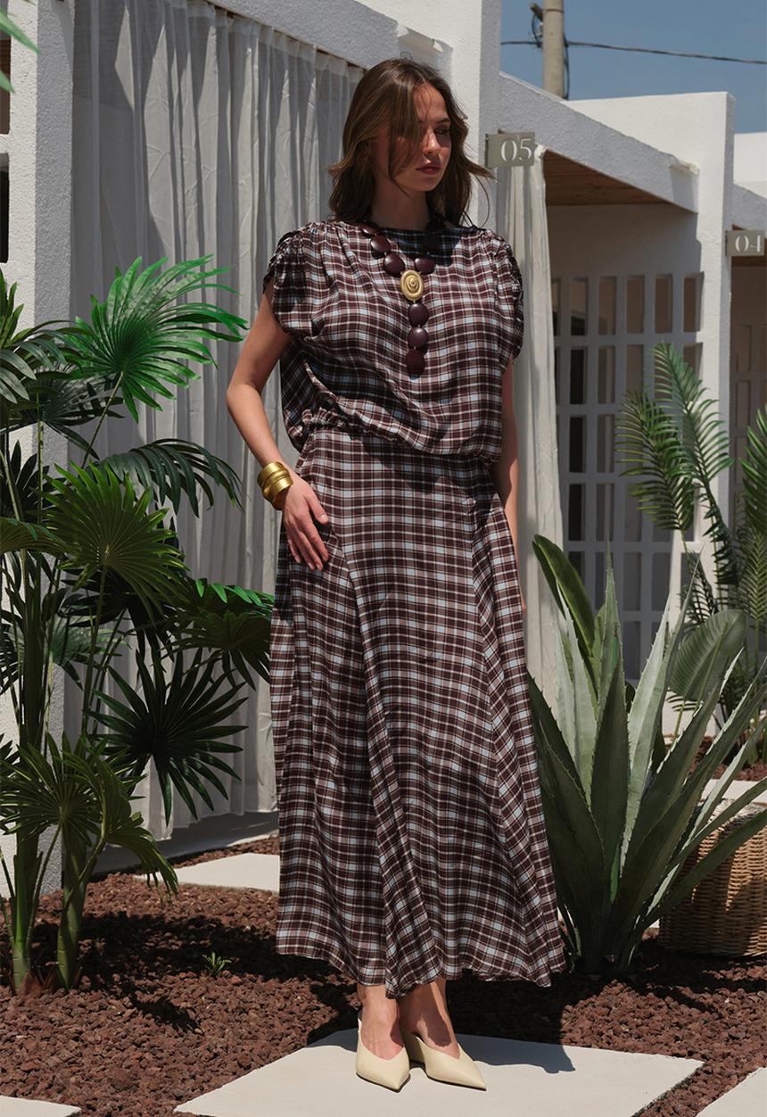 Trendyol - Plaid Blouse and Skirt Set - Multicolour