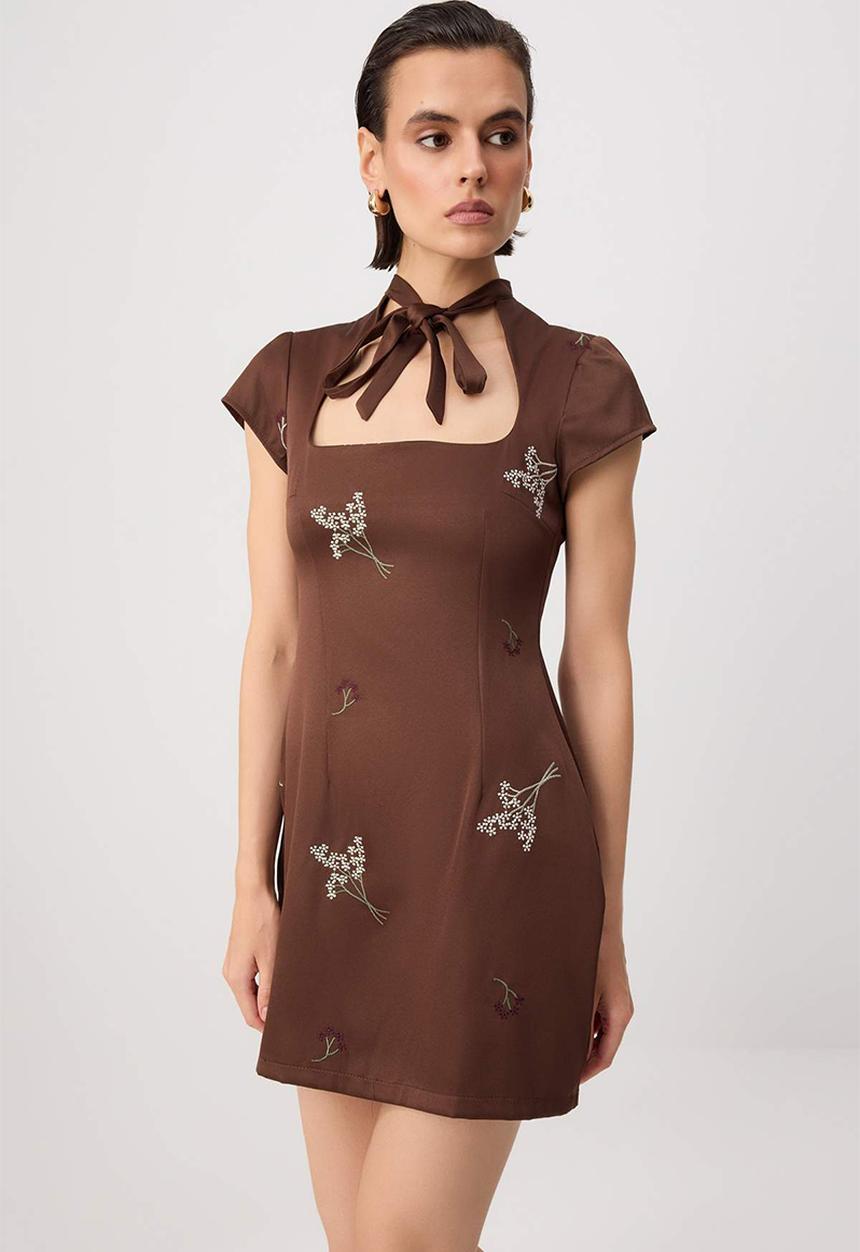 Trendyol - Floral Embroidery Tie-Detail A-Line Satin Mini Dress - Brown