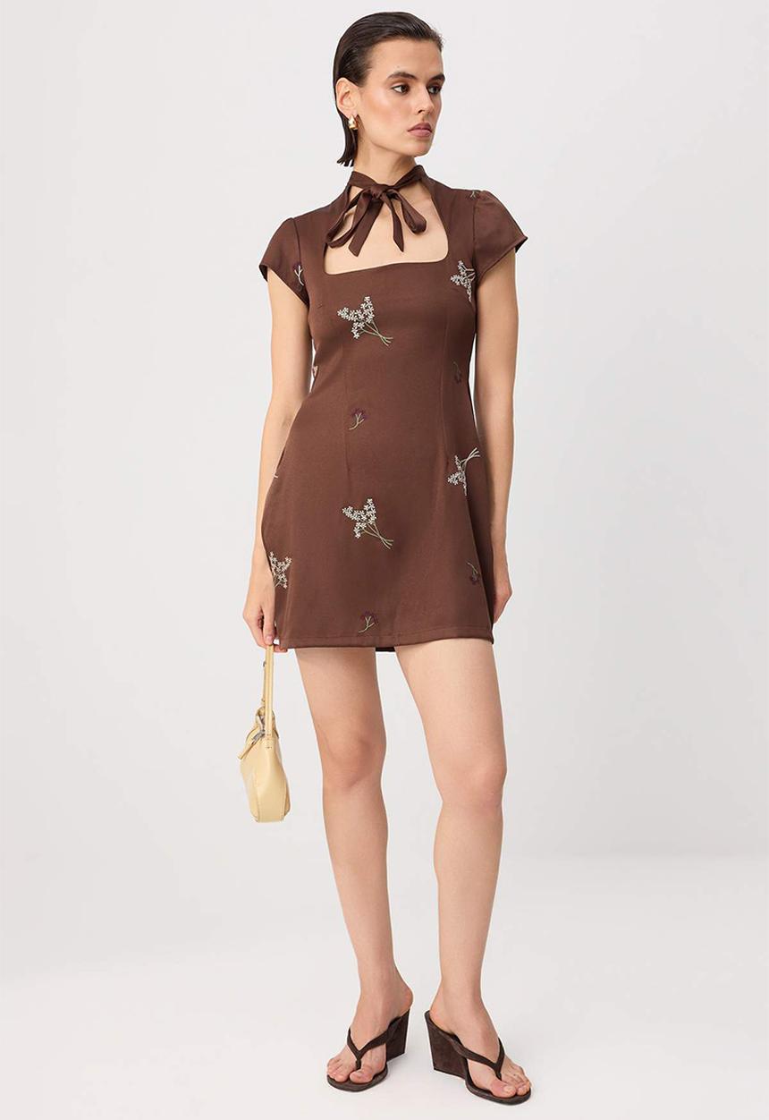 Trendyol - Floral Embroidery Tie-Detail A-Line Satin Mini Dress - Brown