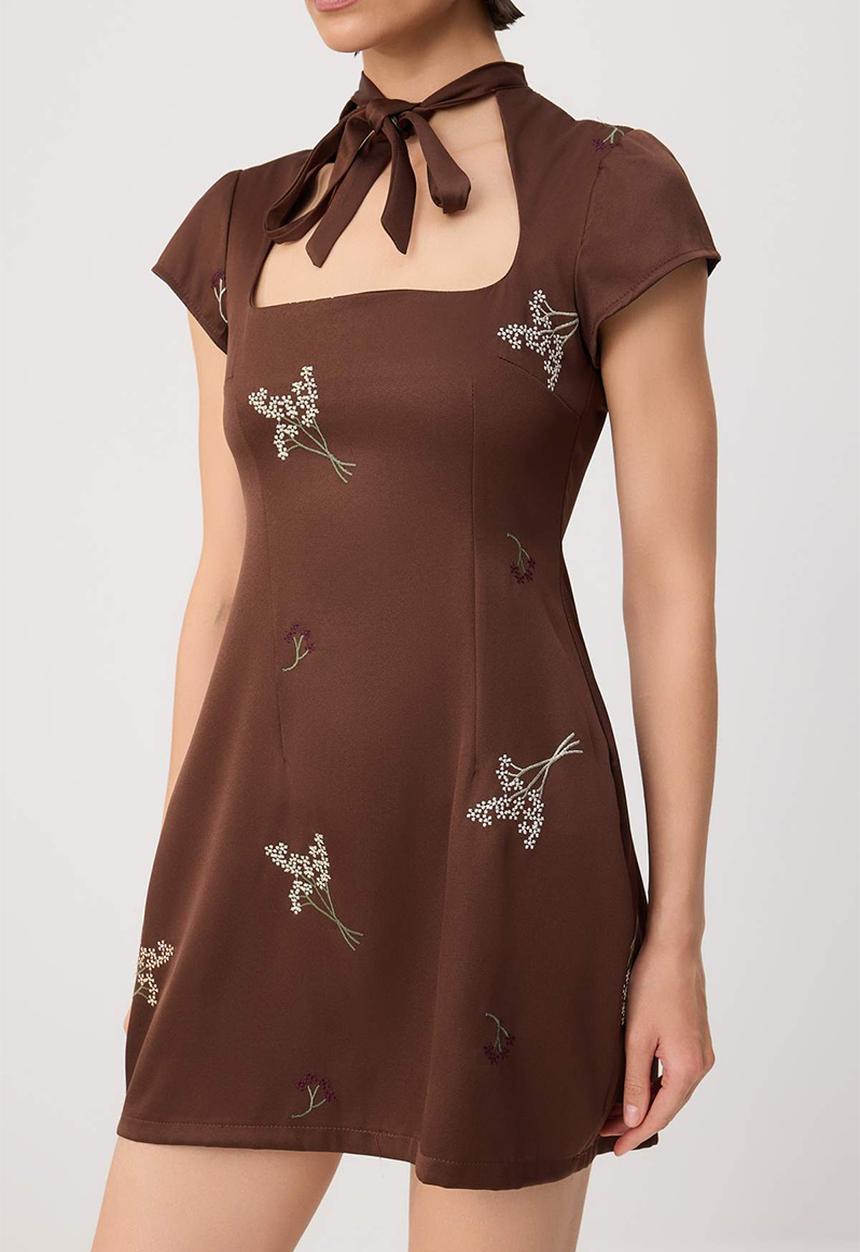 Trendyol - Floral Embroidery Tie-Detail A-Line Satin Mini Dress - Brown