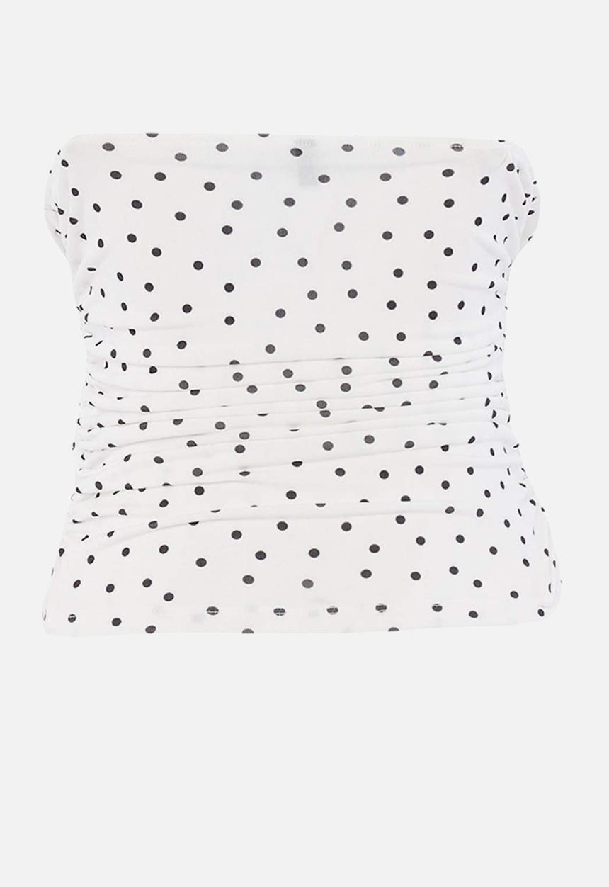 Trendyol - Polka Dot Strapless Knit Blouse with Accessory Detail - Black and White