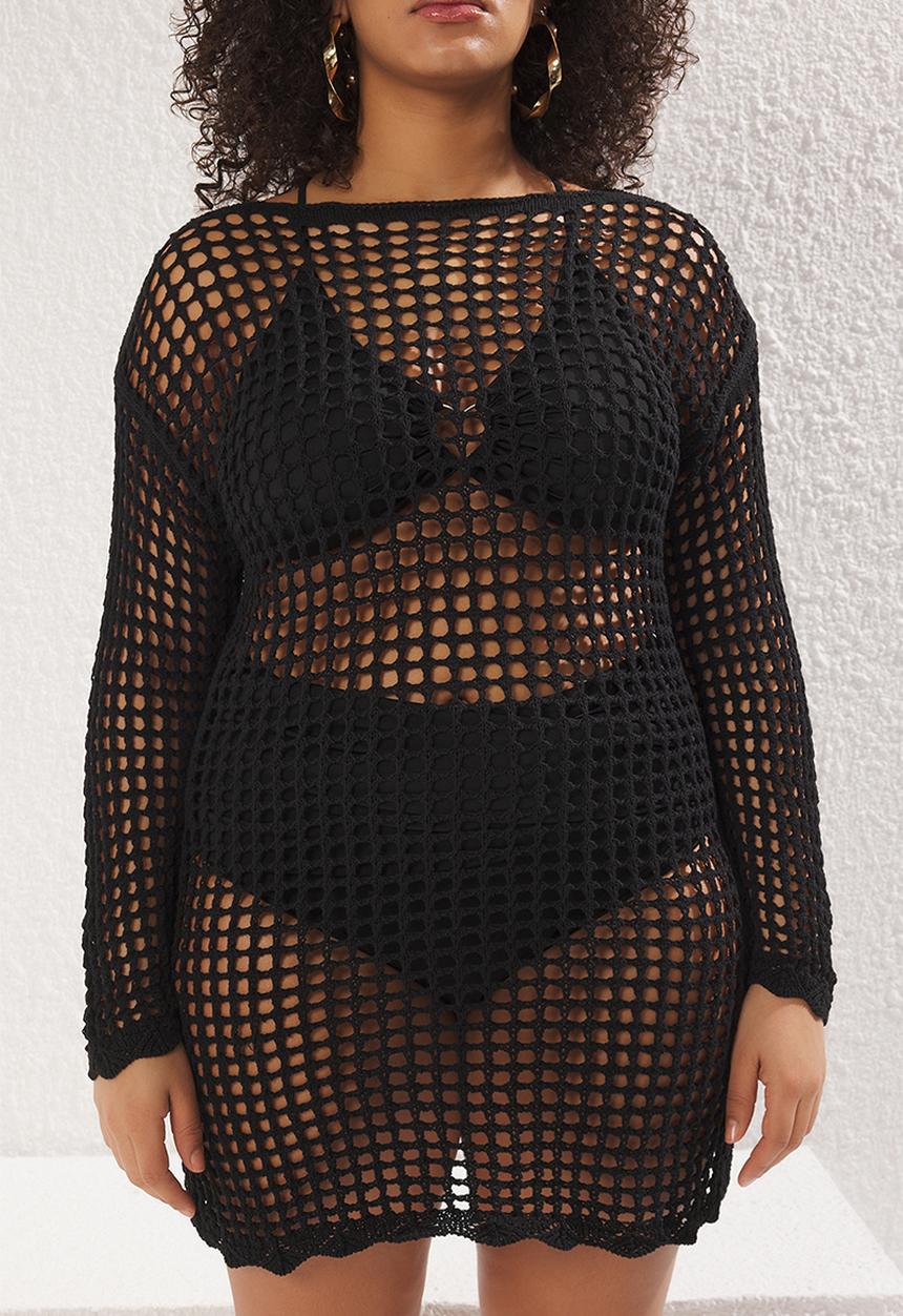Trendyol - Plus boat neck mini knitwear beach dress - black