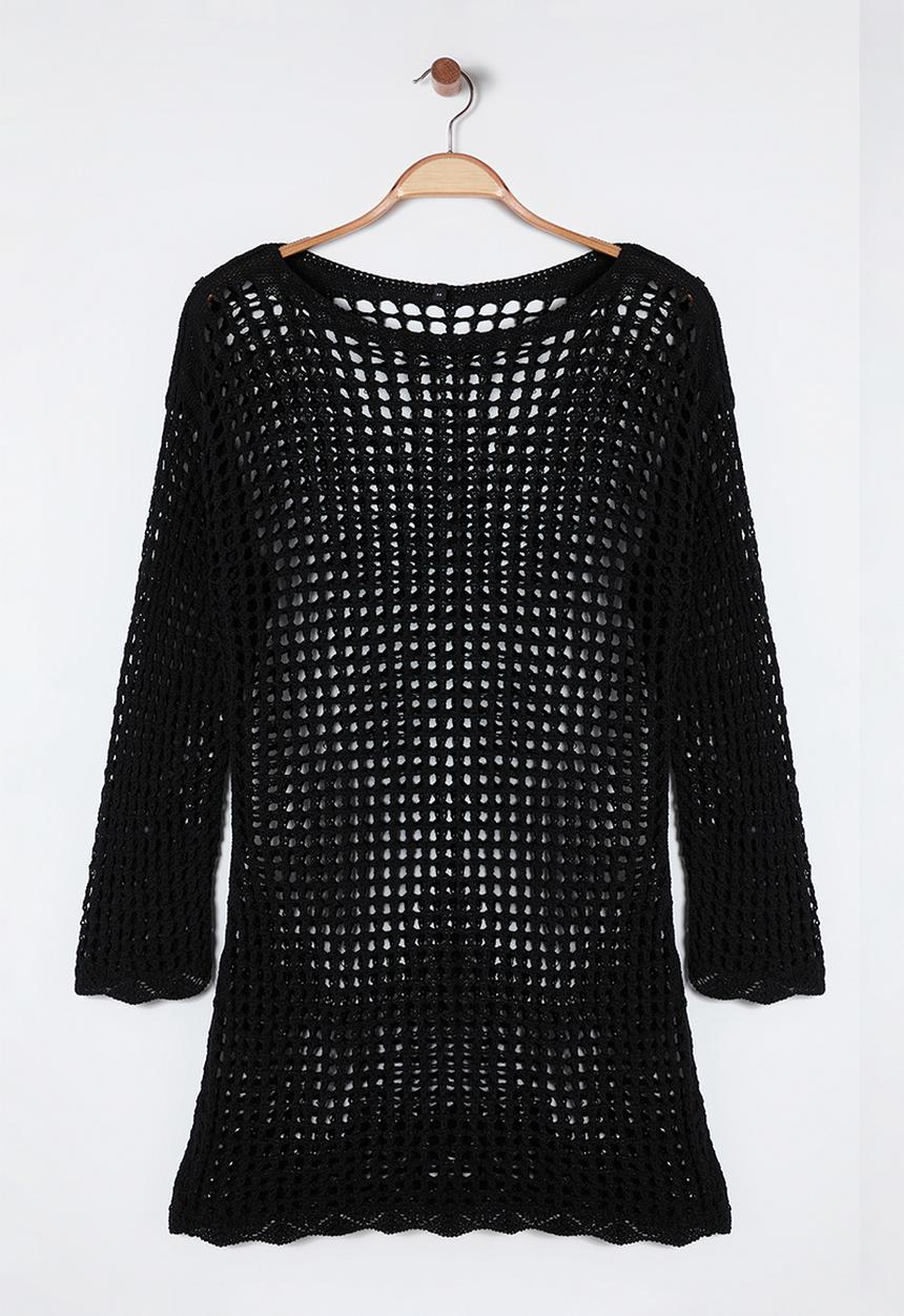 Trendyol - Plus boat neck mini knitwear beach dress - black