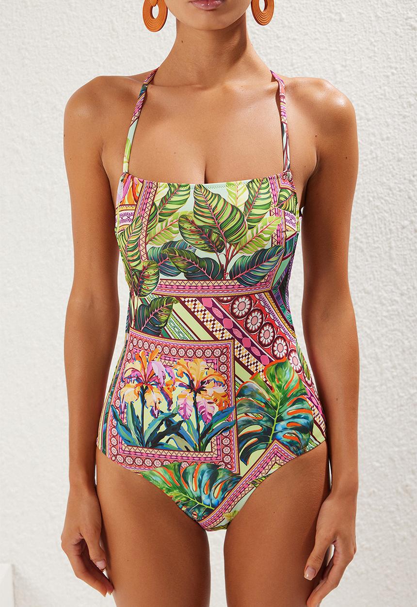 Trendyol - Tropical print backless square neck padded swimsuit - multicolor