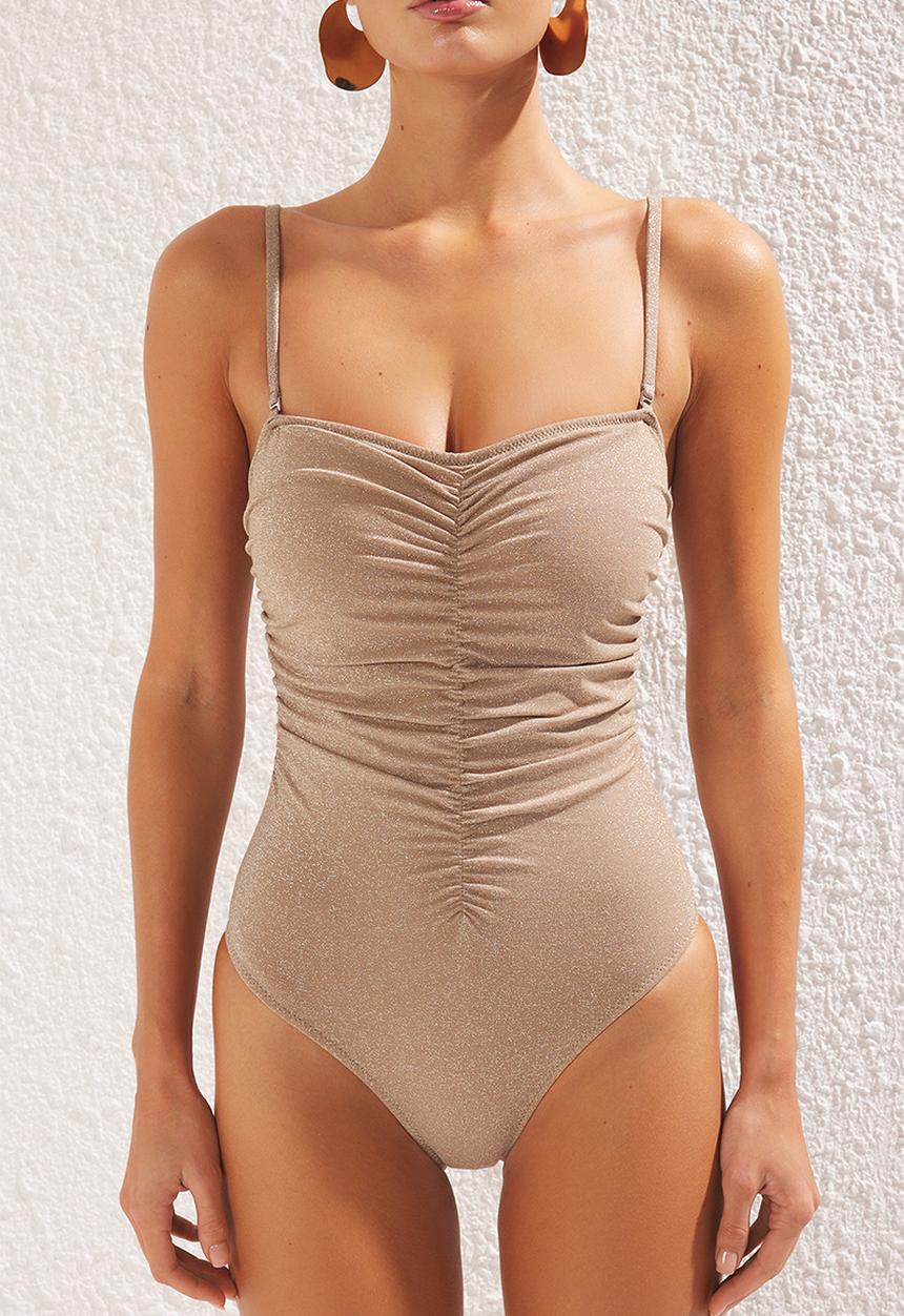 Trendyol - Draped strapless ribbed swimsuit - mink*st