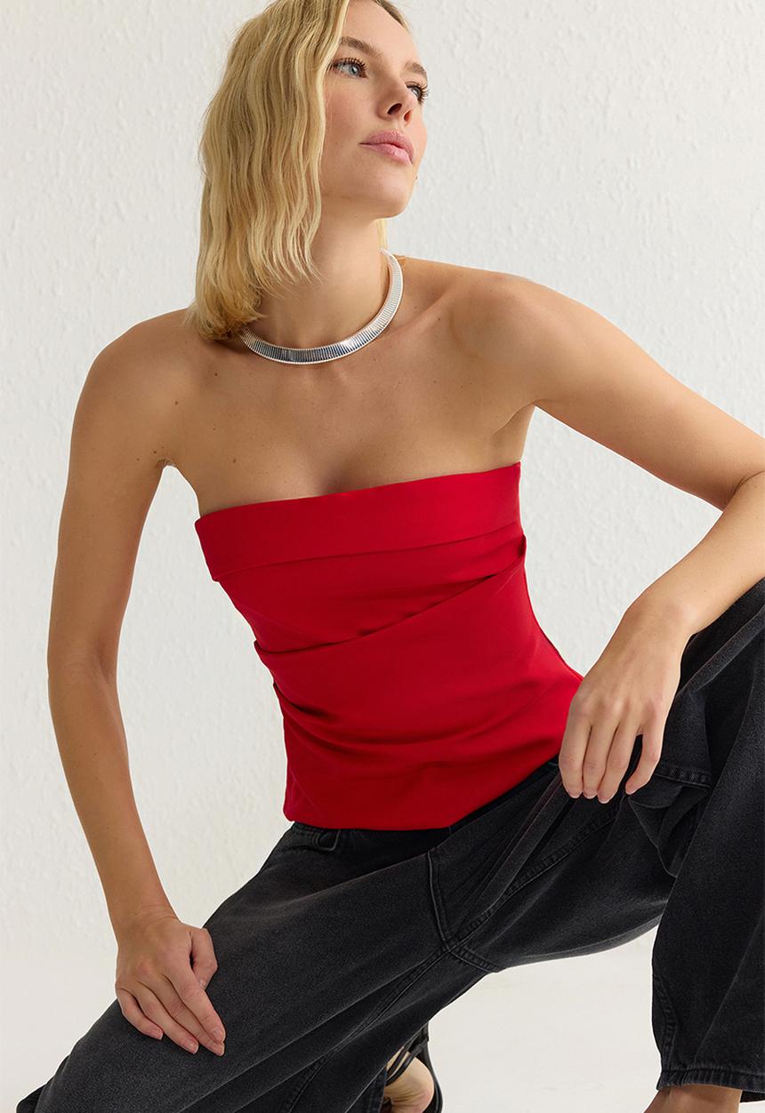 Trendyol - Strapless Draped Blouse - Red
