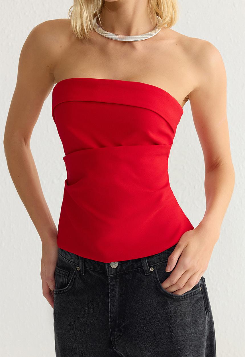 Trendyol - Strapless Draped Blouse - Red