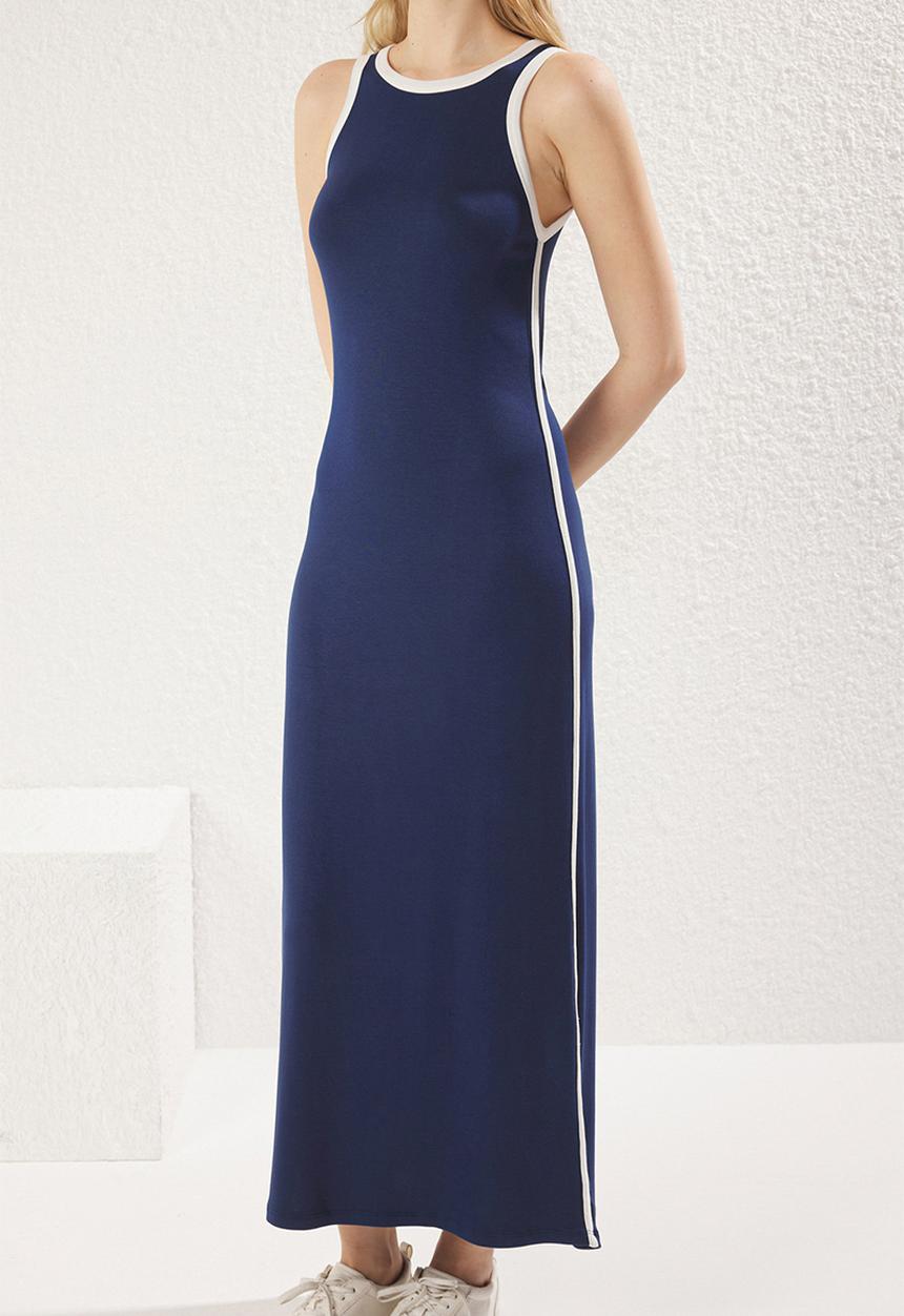 Trendyol - Colour Block Slit Maxi Knit Dress with Piping Detail - Navy Blue