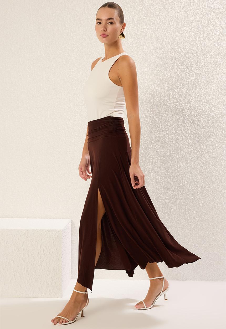 Trendyol - Waist Detail Slit Maxi Knit Skirt - Brown