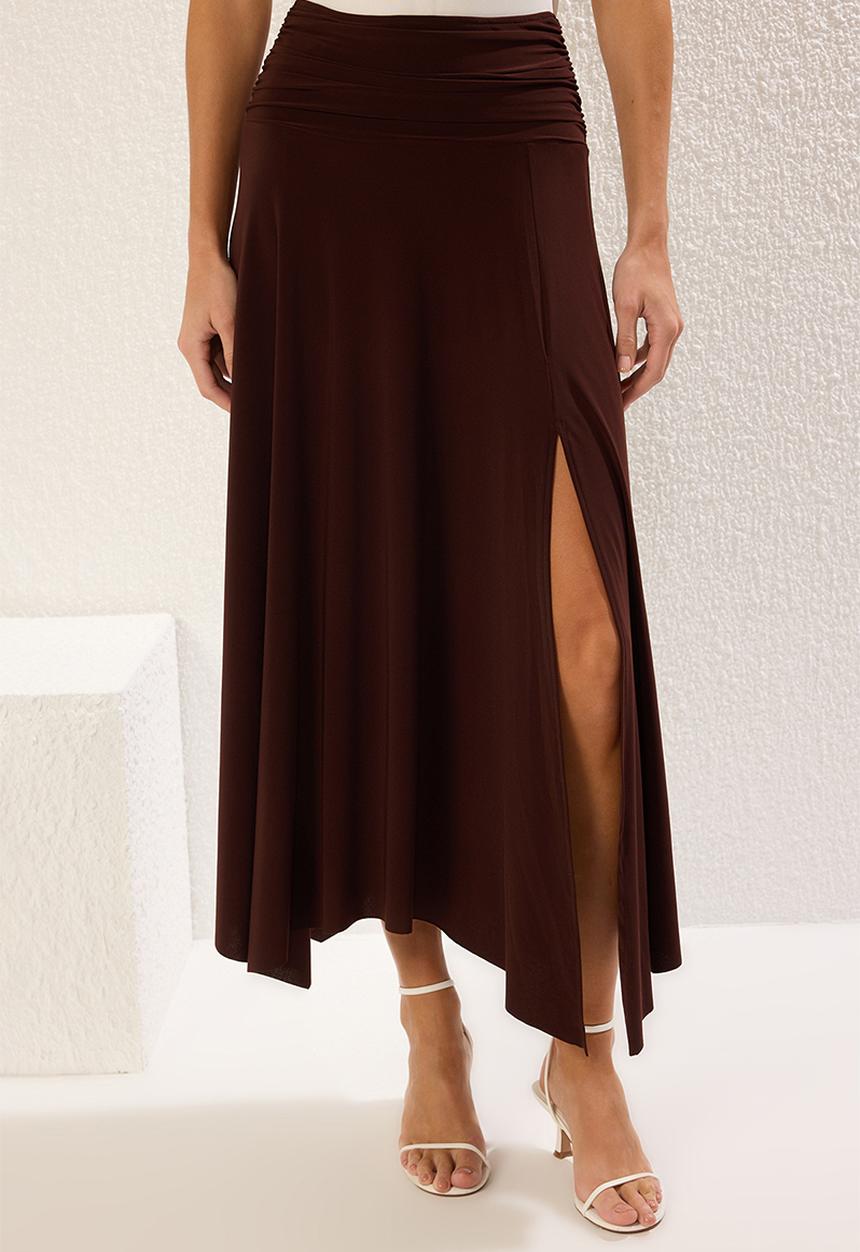 Trendyol - Waist Detail Slit Maxi Knit Skirt - Brown