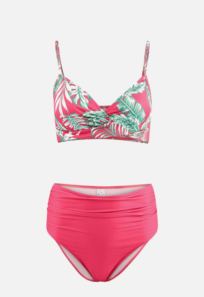 Trendyol - Tropical print draped hipster high waist bikini set - pink